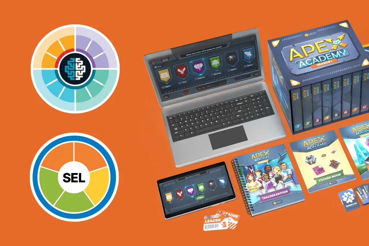 The Apex Academy classroom kit: a laptop, tablet, unit boxes, teacher edition, sticker book, and leader cards